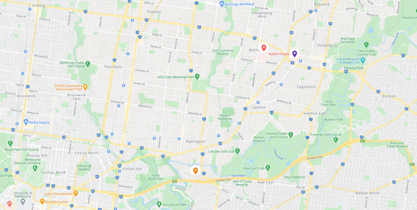 Hospital locations pinned on Google map